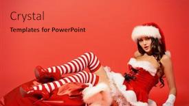  Presentation with christmas red - Colorful presentation theme enhanced with full length portrait of an attractive young woman in santa claus costume over red background christmas backdrop and a red colored foreground