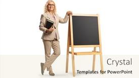  Presentation with teacher - Presentation design enhanced with full-length-portrait background and a  colored foreground