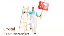  Presentation with paint roller - Colorful slide set enhanced with full length portrait of a young male painter posing next to a wooden ladder and holding a paint roller in one hand and a for sale sign in the other isolated on white background backdrop and a cream colored foreground