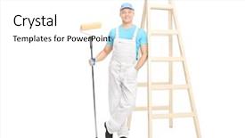  Presentation with paint roller - PPT theme featuring full length portrait of a young male decorator holding a paint roller and leaning against a wall isolated on white background background and a white colored foreground