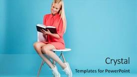  Presentation with unique red chair - Slide deck consisting of woman in red dress reading background and a light blue colored foreground