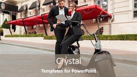  Presentation with motor - Colorful presentation design enhanced with full length portrait of an attractive successful couple in smart clothes standing and using tablet computer on a city street while leaning on a motor bicycle backdrop and a gray colored foreground