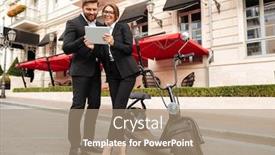  Presentation with smart city - PPT theme having full length portrait of a beautiful young couple in smart clothes standing and using tablet computer on a city street near motorbike background and a coral colored foreground