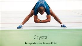  Presentation with track field - Cool new PPT theme with full length portrait of a young sportsman doing stretching exercises on a track field outdoors backdrop and a mint green colored foreground