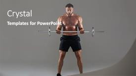 Presentation with barbell - Presentation design enhanced with full length portrait of a muscular strong shirtless male bodybuilder doing exercises with a barbell isolated over gray background background and a gray colored foreground
