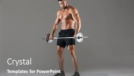  Presentation with barbell - Cool new presentation design with full length portrait of a muscular serious shirtless male bodybuilder doing exercises with a barbell isolated over gray background backdrop and a gray colored foreground