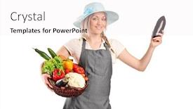  Presentation with vegetables - PPT layouts with full length portrait of a smiling female farmer holding various vegetables isolated on white background background and a white colored foreground