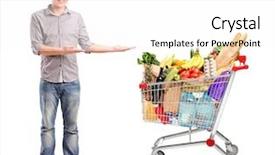  Presentation with groceries cart - Theme having full length portrait of a man gesturing and shopping cart full with groceries isolated on white background background and a white colored foreground