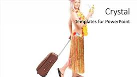  Presentation with hawaiian - Colorful presentation enhanced with full length portrait of an attractive woman dressed in a hawaiian costume going on vacation isolated against white background backdrop and a white colored foreground