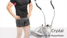  Presentation with athlete - Colorful presentation theme enhanced with full length portrait of a male athlete standing near a cross trainer machine isolated on white background backdrop and a light gray colored foreground