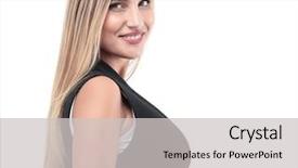  Presentation with illustration of a camera lens - PPT layouts with full-length profile of businesswoman background and a  colored foreground