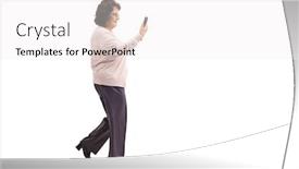  Presentation with elderly - Theme featuring full length profile shot of an elderly lady walking with a mobile phone isolated on white background background and a white colored foreground