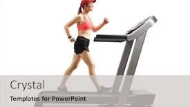  Presentation with treadmill - Theme having full length profile shot of a smiling young female exercising on a treadmill isolated on white background background and a light gray colored foreground