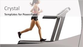  Presentation with running treadmill - Slide deck featuring full length profile shot of a young sporty female athlete running on a treadmill isolated on white background background and a white colored foreground