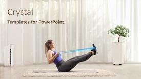 Presentation with shot - Amazing presentation design having full length profile shot of a young woman exercising with an elastic band on the floor backdrop and a lemonade colored foreground