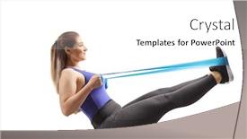  Presentation with exercise mat - PPT theme with full length profile shot of a young woman stretching an elastic band wih legs on an exercise mat isolated on white background background and a white colored foreground