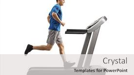  Presentation with running treadmill - Presentation enhanced with full length profile shot of a guy running on a treadmill isolated on white background background and a light gray colored foreground