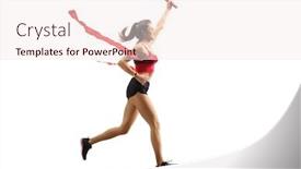  Presentation with baton - Audience pleasing presentation theme consisting of full length profile shot of a female runner on the finish line of a relay race with a baton in her hand isolated on white background backdrop and a sky blue colored foreground