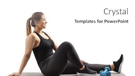  Presentation with exercise mat - Colorful PPT theme enhanced with full length profile shot of a happy woman sitting on an exercise mat with dumbbells isolated on white background backdrop and a white colored foreground