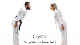  Presentation with kimono - Beautiful slide deck featuring full length profile shot of a woman in kimono bowing at martial art instructor isolated on white background backdrop and a white colored foreground