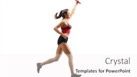  Presentation with running race - Presentation design featuring full length profile shot of a happy female athlete running a relay race isolated on white background background and a white colored foreground
