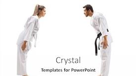  Presentation with karate - Slide deck featuring full length profile shot of a woman with white belt in karate and a man with black belt bowing at each other isolated on white background background and a white colored foreground