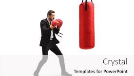  Presentation with shot - PPT theme enhanced with full length profile shot of a businessman in a suit training box with a punching bag isolated on white background background and a white colored foreground