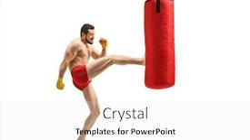  Presentation with kickboxing - Amazing PPT theme having full length profile shot of a young muscular man exercising kickboxing and kicking a punching bag with his leg isolated on white background backdrop and a sky blue colored foreground