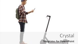  Presentation with mobile application - Audience pleasing PPT theme consisting of full length profile shot of a teenage male student renting an electric scooter with a mobile phone application isolated on white background backdrop and a white colored foreground