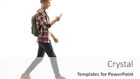  Presentation with backpack - Presentation theme consisting of full length profile shot of a young guy with a backpack and cap walking and looking at his mobile phone isolated on white background background and a white colored foreground