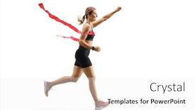  Presentation with finish line - Presentation theme consisting of full length profile shot of a female runner on the finish line of a marathon isolated on white background background and a white colored foreground