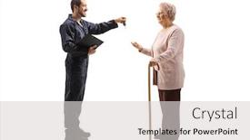  Presentation with mechanic - Slide set having full length profile shot of a mechanic giving car keys to an elderly woman isolated on white background background and a light gray colored foreground