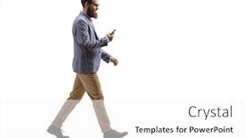  Presentation with shot - Cool new slide set with full length profile shot of a bearded man walking and looking at his mobile phone isolated on white background backdrop and a white colored foreground