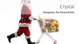  Presentation with food white - Amazing PPT theme having full length profile shot of santa claus in a hurry running and pushing a shopping cart with food isolated on white background backdrop and a white colored foreground