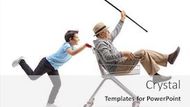  Presentation with grandfather - Presentation featuring full length profile shot of a boy pushing his crazy grandfather in a shopping cart isolated on white background background and a light gray colored foreground