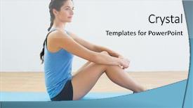  Presentation with exercise mat - Beautiful presentation design featuring full length profile shot of a fit young woman sitting upright on exercise mat backdrop and a sky blue colored foreground
