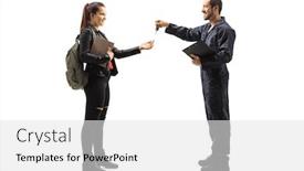  Presentation with female mechanic - Colorful PPT theme enhanced with full-length-profile-shot backdrop and a white colored foreground