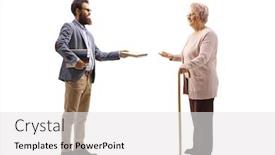  Presentation with greeiting show man - PPT layouts featuring full-length-profile-shot background and a white colored foreground