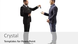  Presentation with salesman - PPT theme having full-length-profile-shot background and a light gray colored foreground