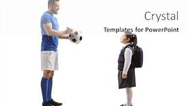  Presentation with full length portrait two men women brown sweater - Slide deck having full-length-profile-shot background and a white colored foreground