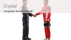  Presentation with shaking hands - Presentation theme having full-length-profile-shot background and a white colored foreground