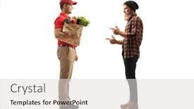  Presentation with grocery bag - Cool new PPT theme with full-length-profile-shot backdrop and a light gray colored foreground