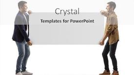  Presentation with full length portrait two men women brown sweater - Slide deck with full-length-profile-shot background and a white colored foreground