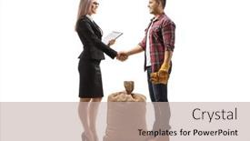  Presentation with shaking hands - Audience pleasing presentation design consisting of full-length-profile-shot backdrop and a mint green colored foreground