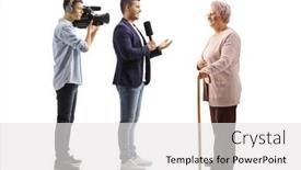  Presentation with full length portrait two men women brown sweater - Presentation design featuring full-length-profile-shot background and a white colored foreground