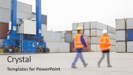  Presentation with shipping - Slides having full-length rear view of workers walking in shipping yard background and a light gray colored foreground