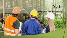  Presentation with cabin - Beautiful theme featuring full length rear view of male and female architects looking at incomplete wooden cabin backdrop and a soft green colored foreground