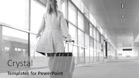  Presentation with railroad - Presentation theme enhanced with full length rear view of young businesswoman with luggage rushing in railroad station background and a light gray colored foreground