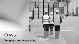  Presentation with shipping - Amazing PPT layouts having full-length rear view of workers walking in shipping yard backdrop and a light gray colored foreground