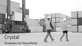  Presentation with shipping - Slides featuring full-length rear view of workers walking in shipping yard background and a light gray colored foreground